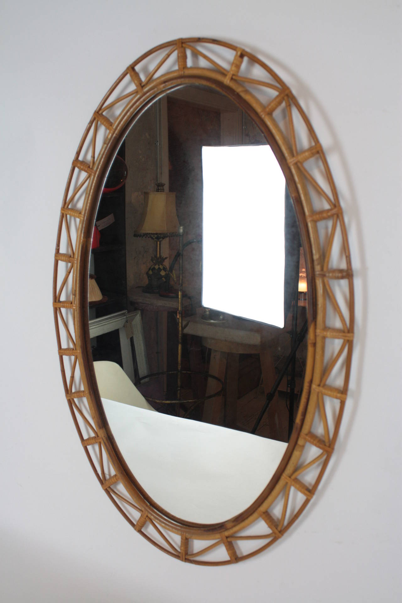 Bamboo and Wicker Oval Mirror with Geometric Design from the Coast of Cadiz In Excellent Condition In Barcelona, ES