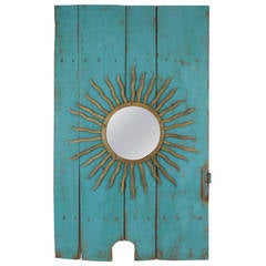 Gilt Iron Sunburst Mirror and 19th Century Turquoise Door Wall Decoration