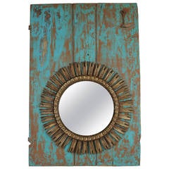 Spanish Giltwood Sunburst Mirror Framed by a Turquoise 19th Century Door 10