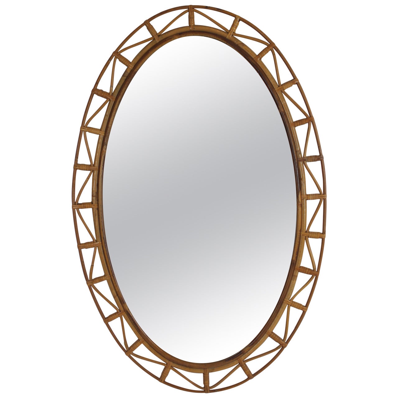 Bamboo and Wicker Oval Mirror with Geometric Design from the Coast of Cadiz