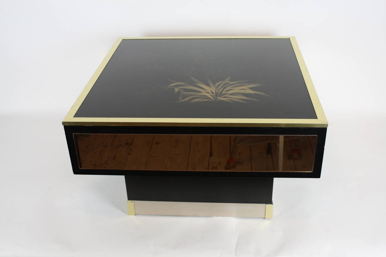 Hand-Painted Mid-Century Modern Willy Rizzo Style Lucite, Mirror and Brass Coffee Table 