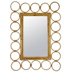 Mid-Century Bamboo Rectangular Mirror Framed with Rattan Circles