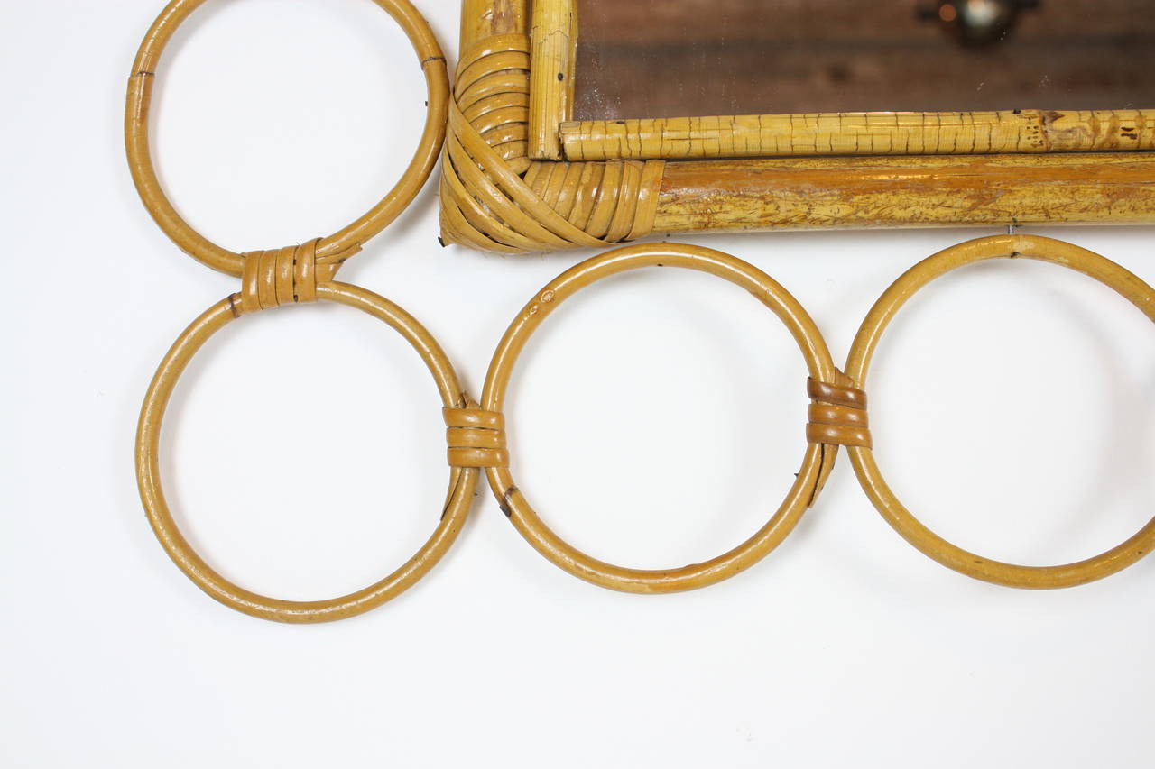 Mid-Century Bamboo Rectangular Mirror Framed with Rattan Circles