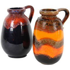 Duo of Fat Lava West Germany Pottery Vases in Vibrant Orange and Dark Colors 9