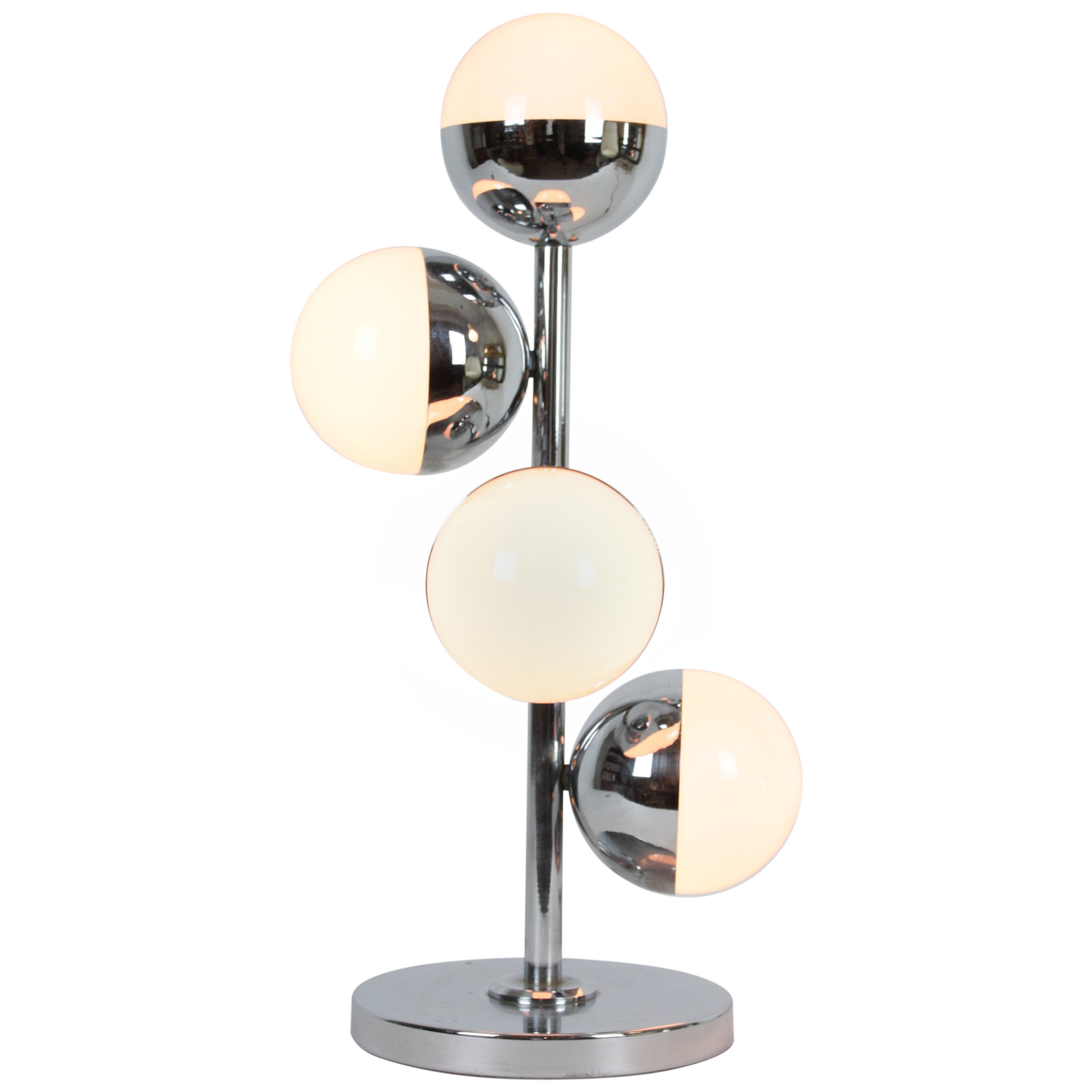 Italian Modernist Stilnovo Style Chrome Table Lamp with Opaline Glass Globes