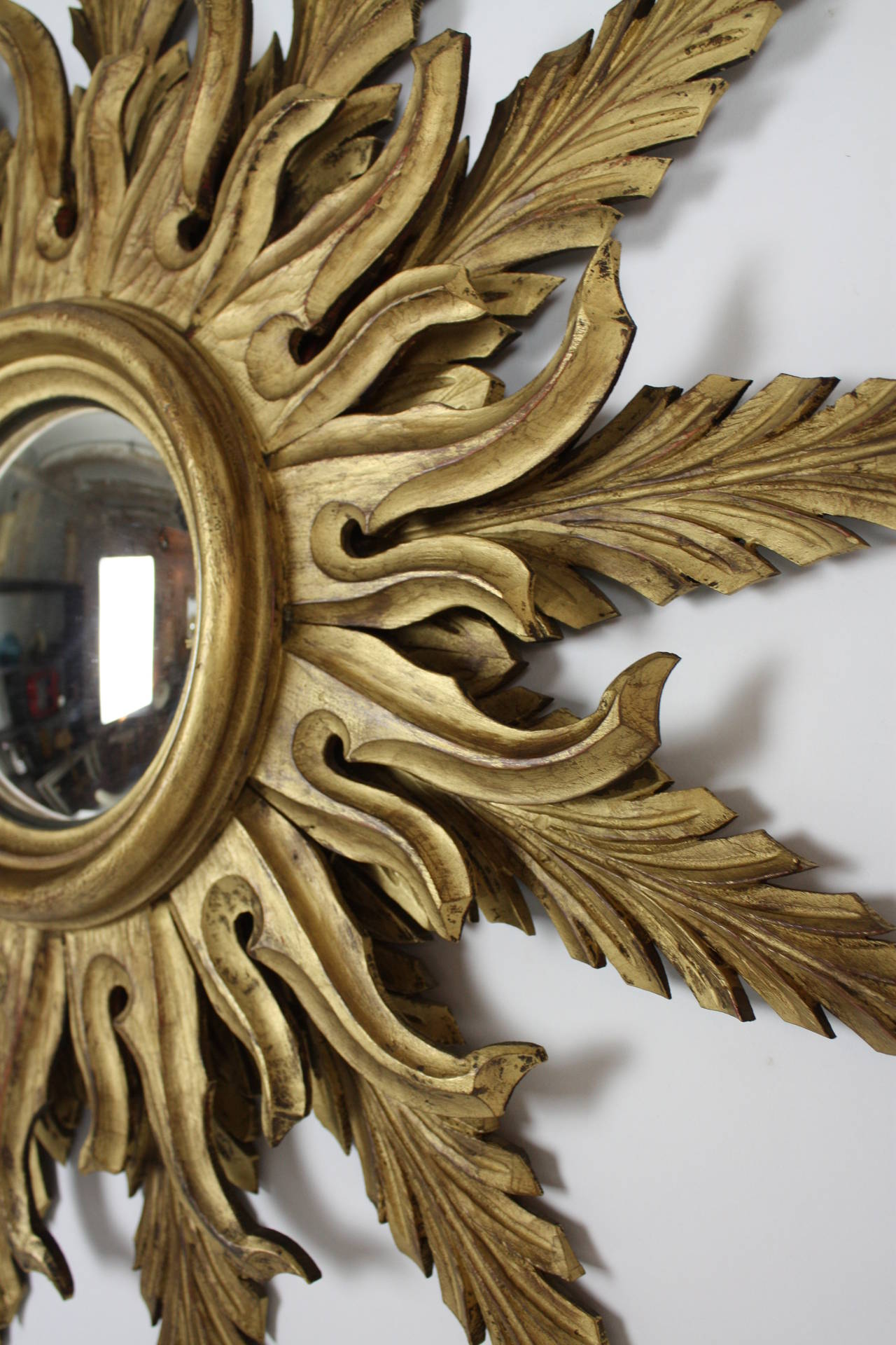 Mid-Century Giltwood Convex Sunburst Mirror, Spain, 1950