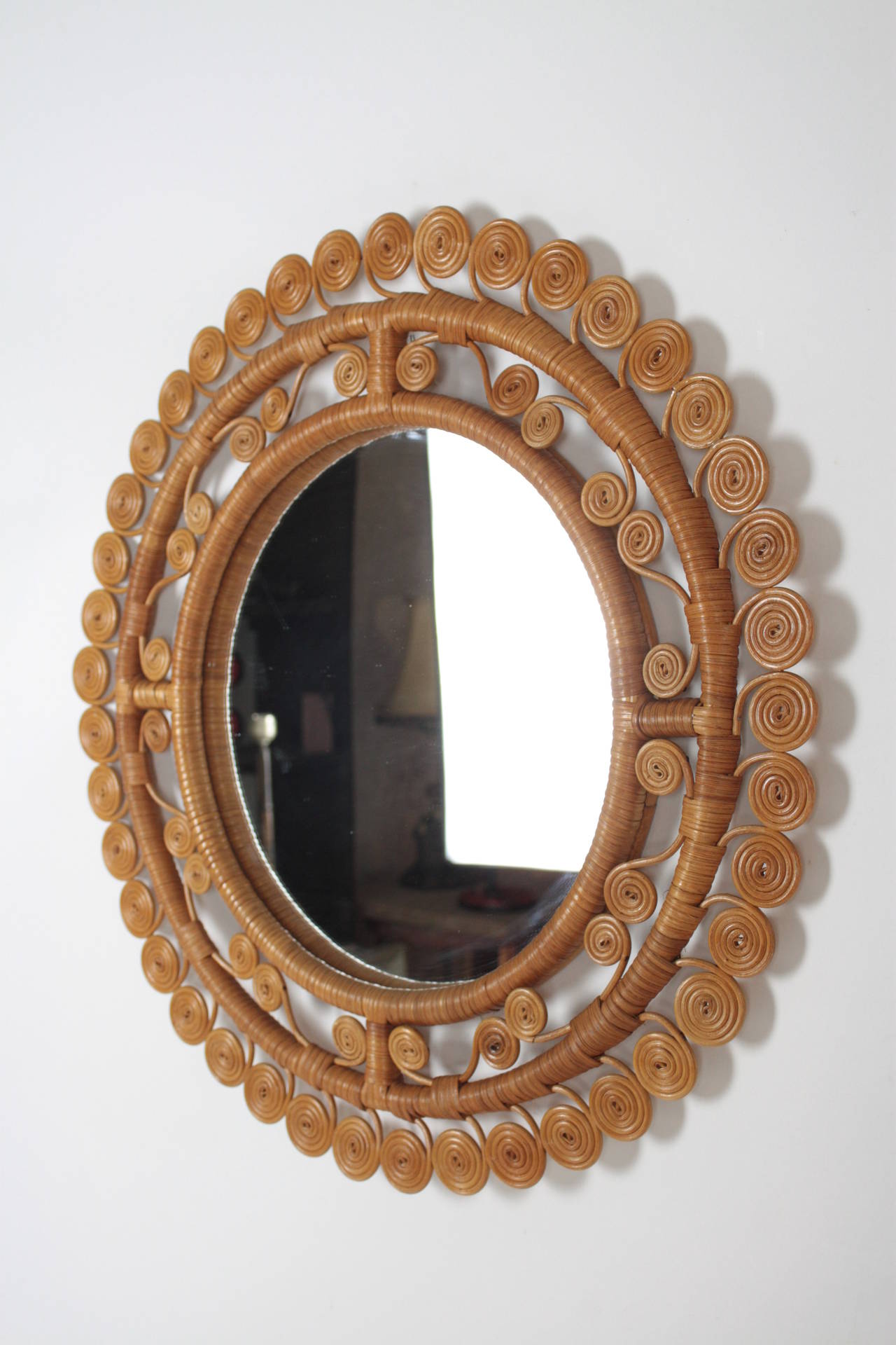 Mid-Century Modern Spanish Bamboo and Wicker Circular Mirror