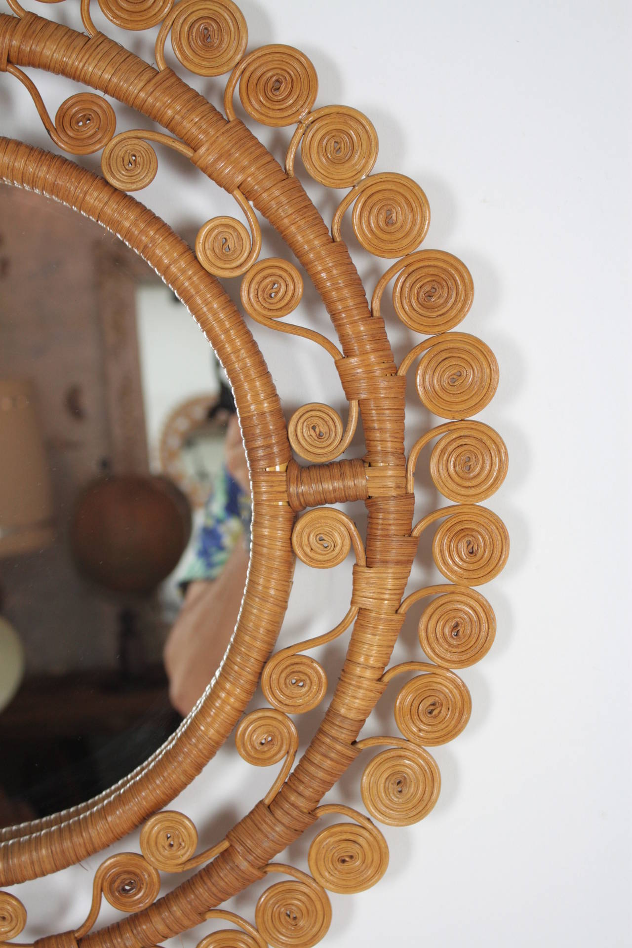Mid-20th Century Spanish Bamboo and Wicker Circular Mirror