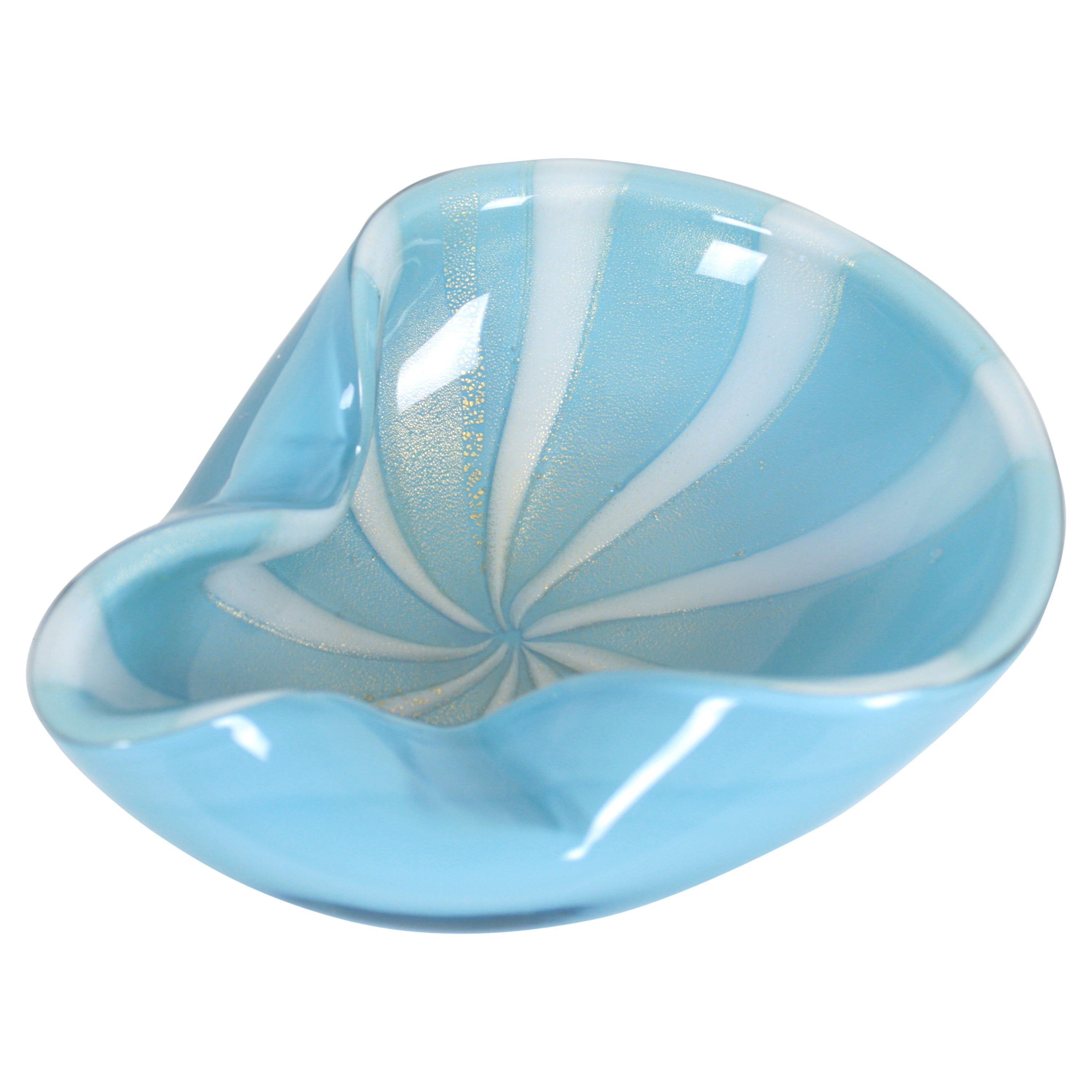 Barovier e Toso Striped Turquoise & White Glass Bowl  with Gold  Dust