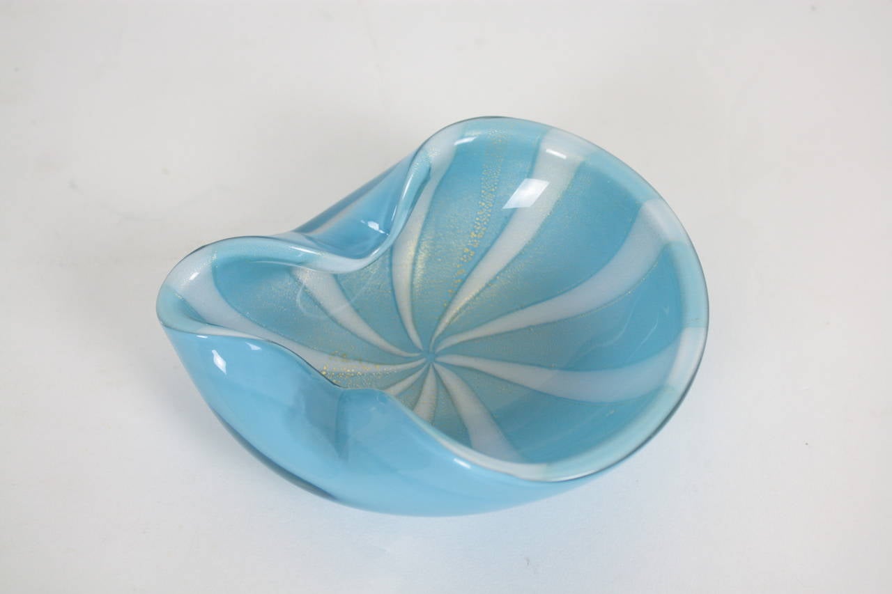 Italian Barovier e Toso Striped Turquoise & White Glass Bowl  with Gold  Dust