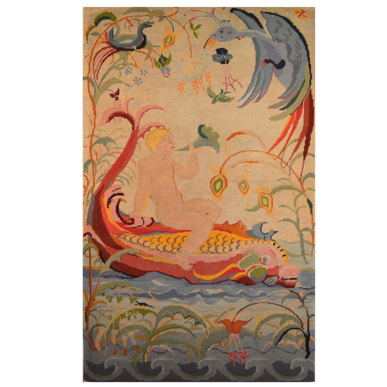 Belgian Art Nouveau Style Needlepoint Tapestry