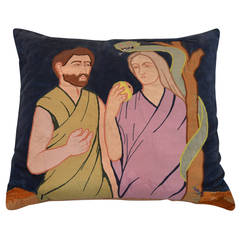 Rare Applique and Embroidered Silk "Adam and Eve" Tapestry Fragment Pillow