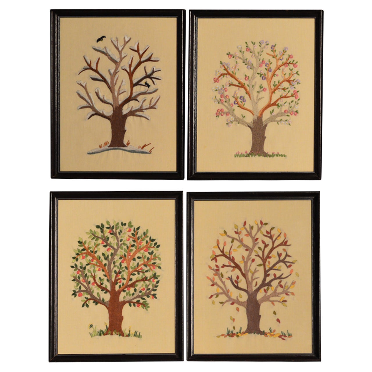 Hand Embroidered Belgian Panels Depicting the Four Seasons, circa 1940