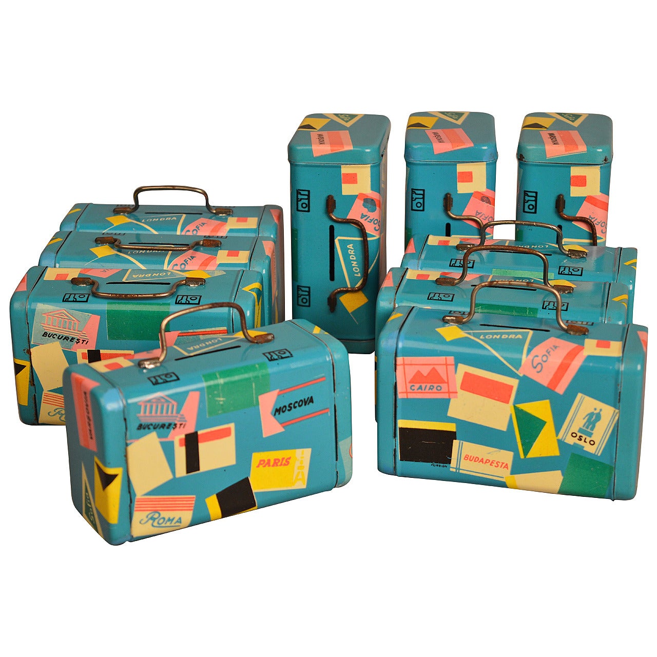 Ten Unused Vintage Tin "Suitcase" Banks from Belgium