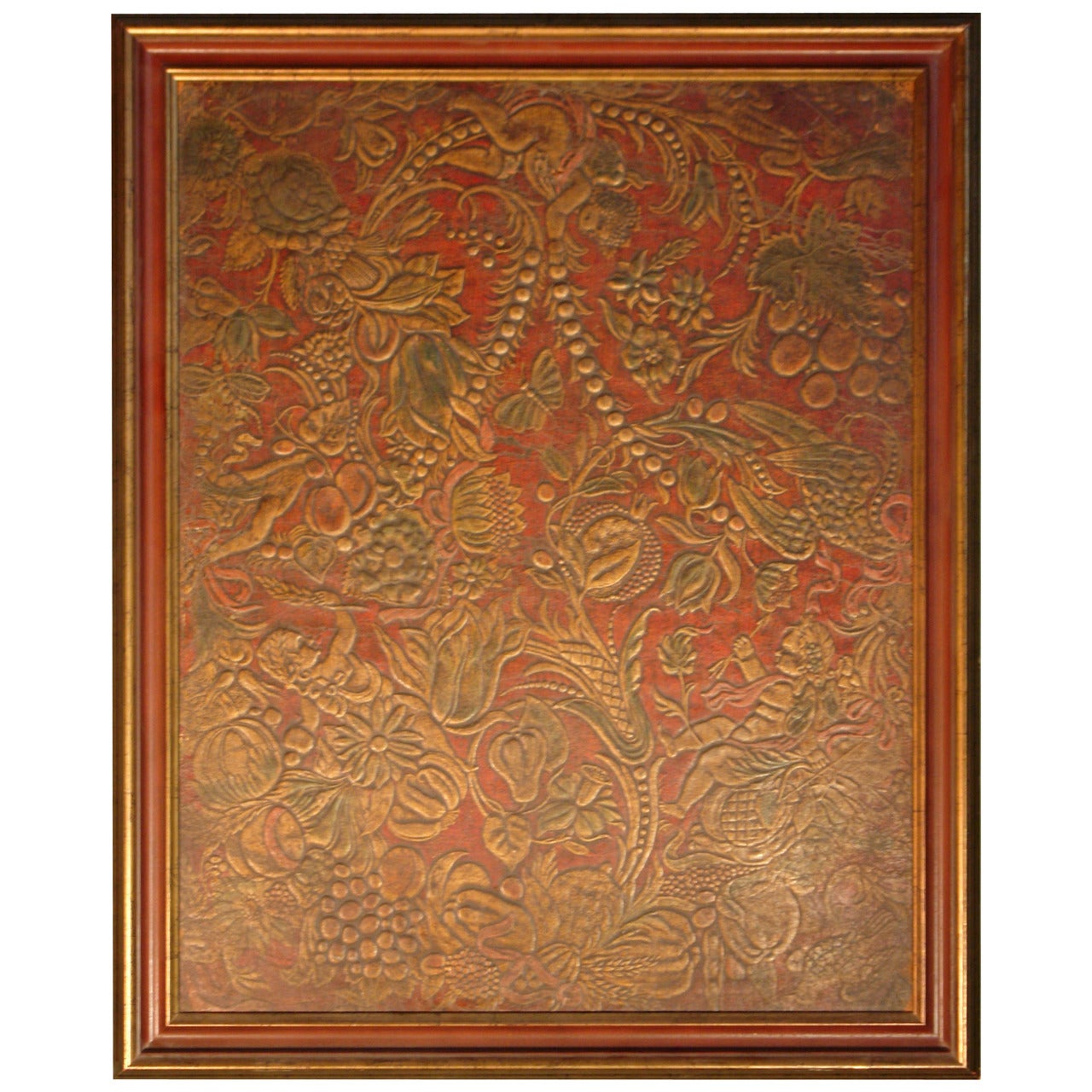 19th Century Flemish Embossed and Painted Leather Panel