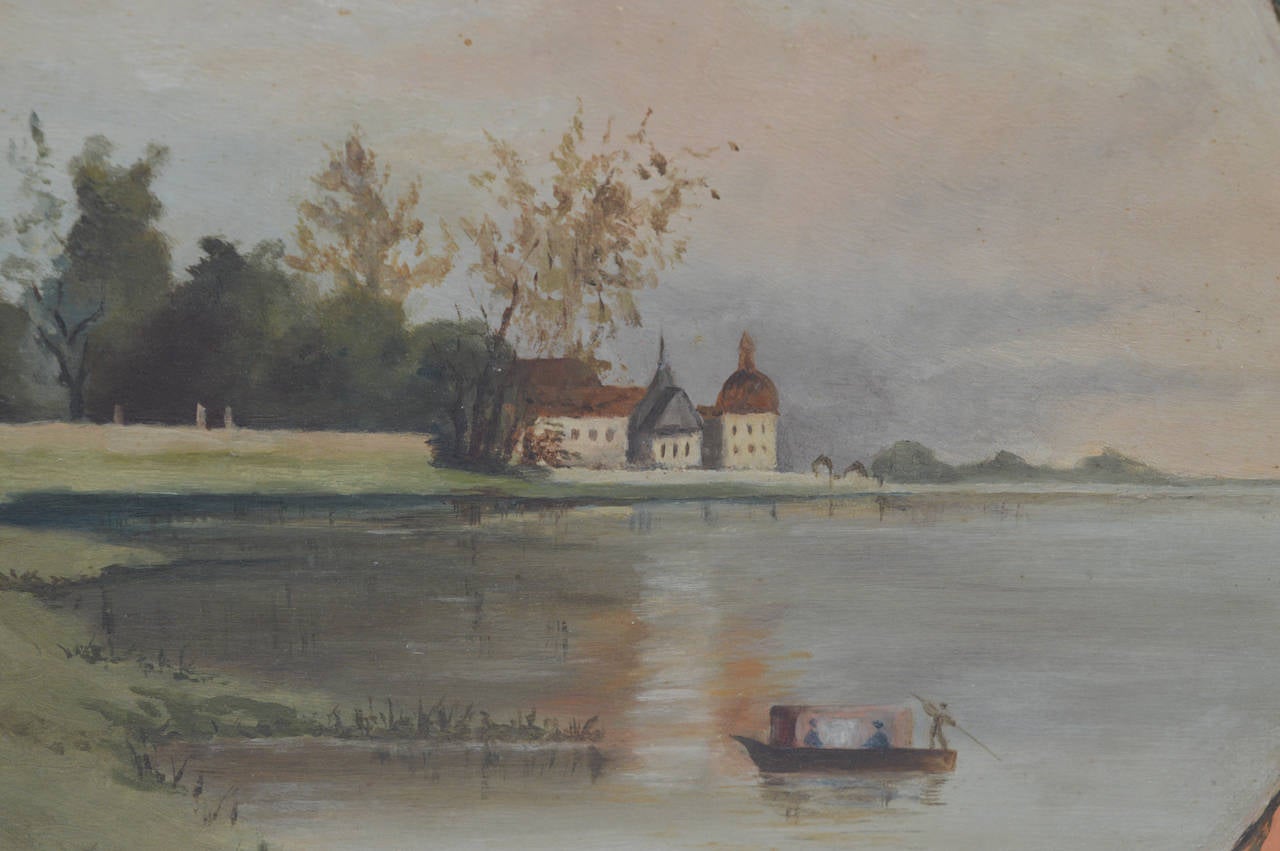 A serene Danish landscape painted in oil paint on a terracotta plate.The plate was made by the Copenhagen pottery firm Ipsen in the late 19th century and is stamped 