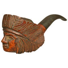 Antique French Briarwood Pipe Carved With A Native American Indian Chief