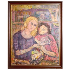 Antique 1930s French Cubist Painting of Mother and Daughter