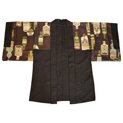 Mens Japanese Silk Haori kimono with Unusual Liquor and Wine Bottle Print