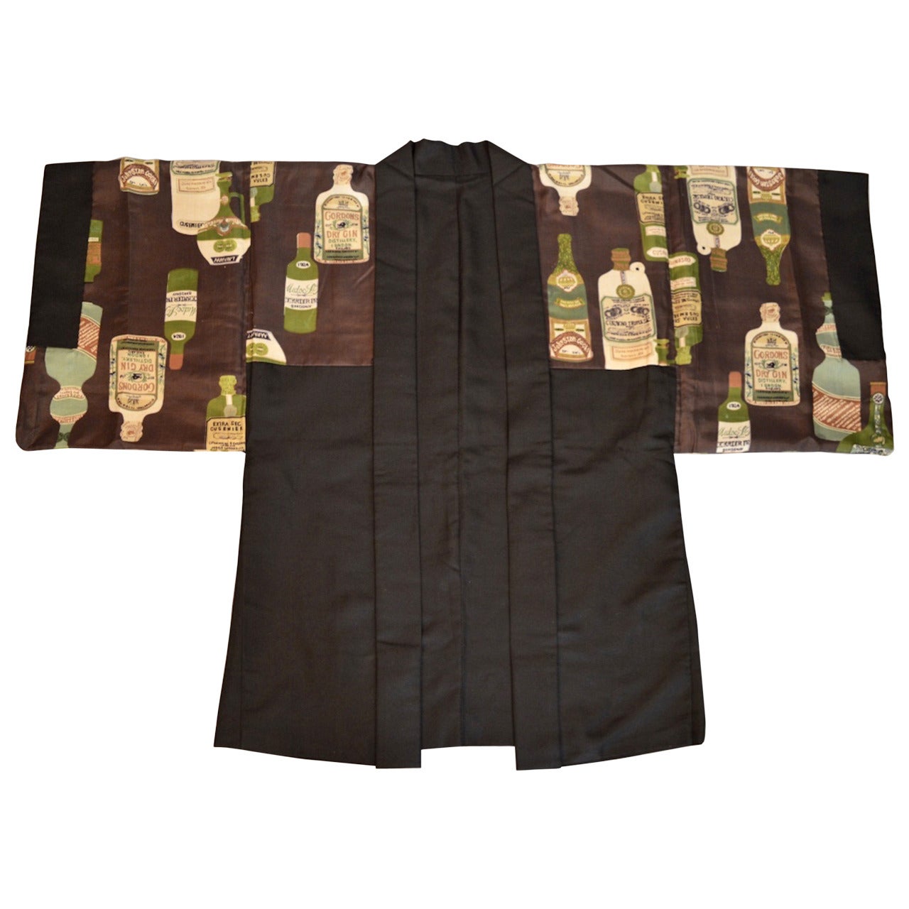 Mens Japanese Silk Haori kimono with Unusual Liquor and Wine Bottle Print