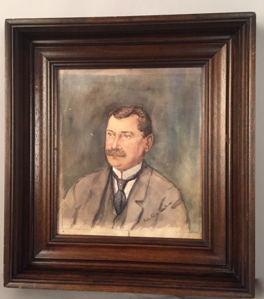A watercolor portrait (on paper) of an elegant gentleman. Signed and dated:
Bijorn Smith Hald 17/4 1913 (April 17th, 1913).
The image alone measures (without frame) 12 H x 10.25 W.
Retaining the original dark oak frame.