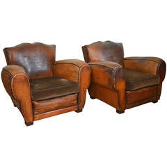 Pair of 1930s French Leather Mustache Back Club Chairs