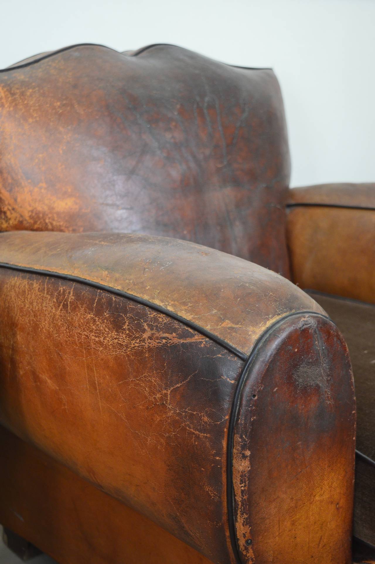 Pair of 1930s French Leather Mustache Back Club Chairs In Distressed Condition In Antwerp, BE