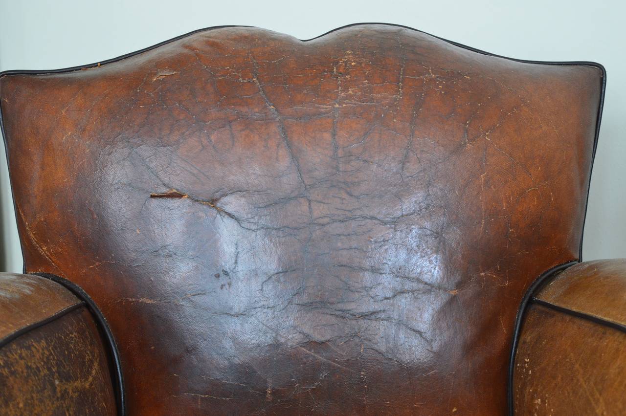 Mid-20th Century Pair of 1930s French Leather Mustache Back Club Chairs