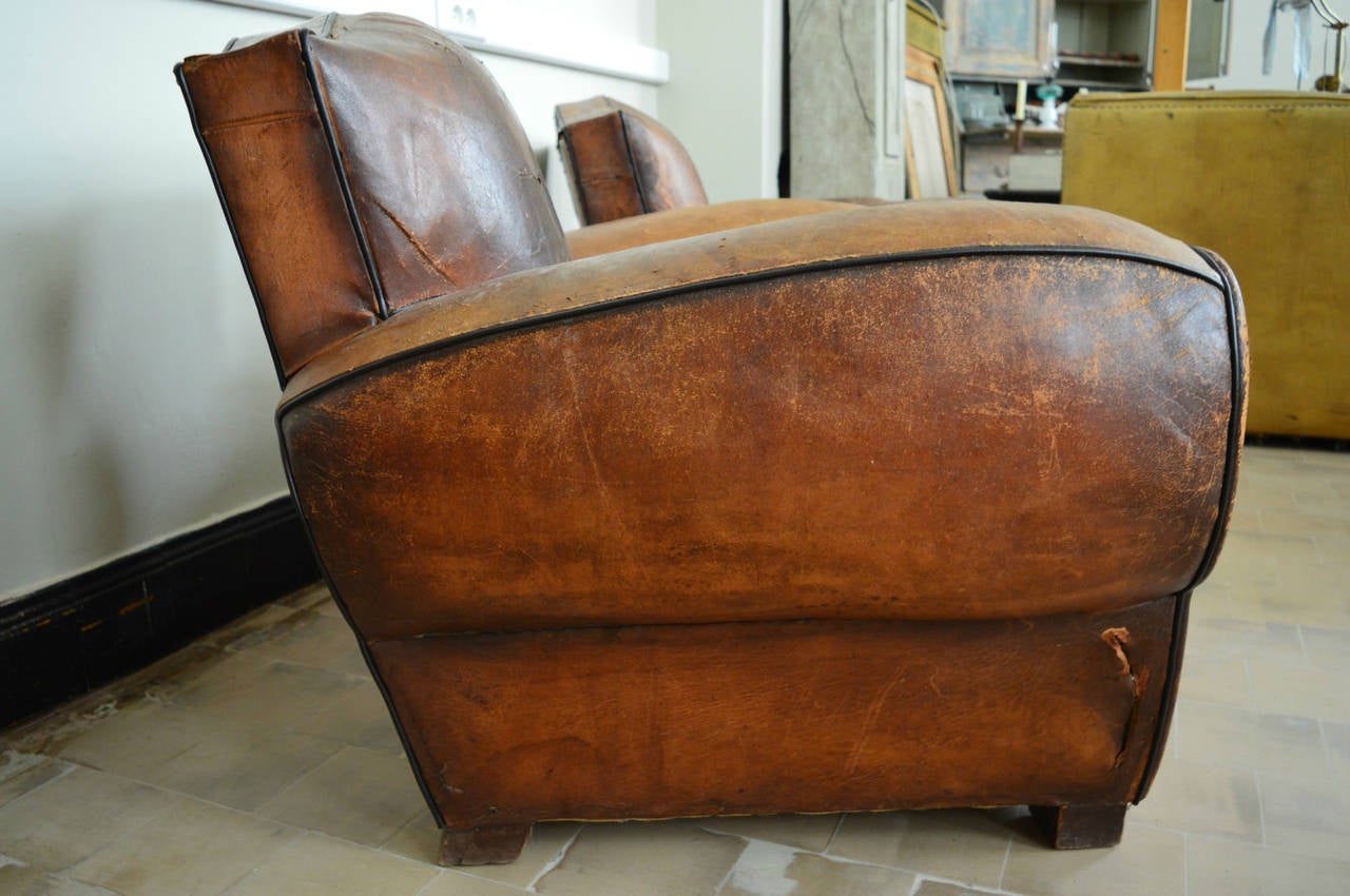 Pair of 1930s French Leather Mustache Back Club Chairs 1