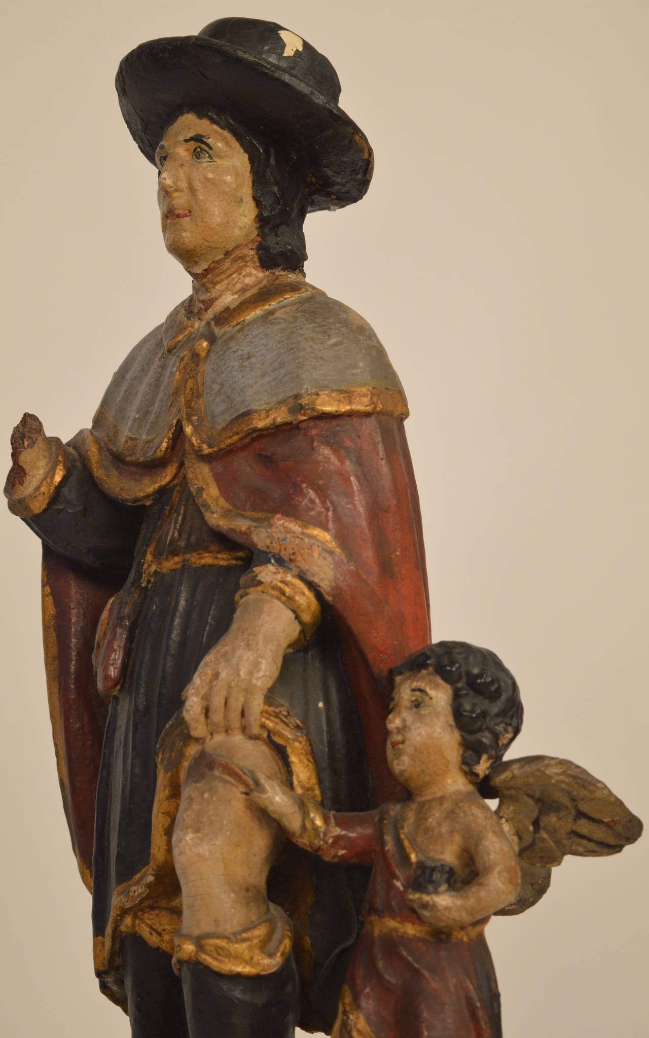 Folk Art 17th Century Italian Carved Wood Shrine Statue of Saint Roch