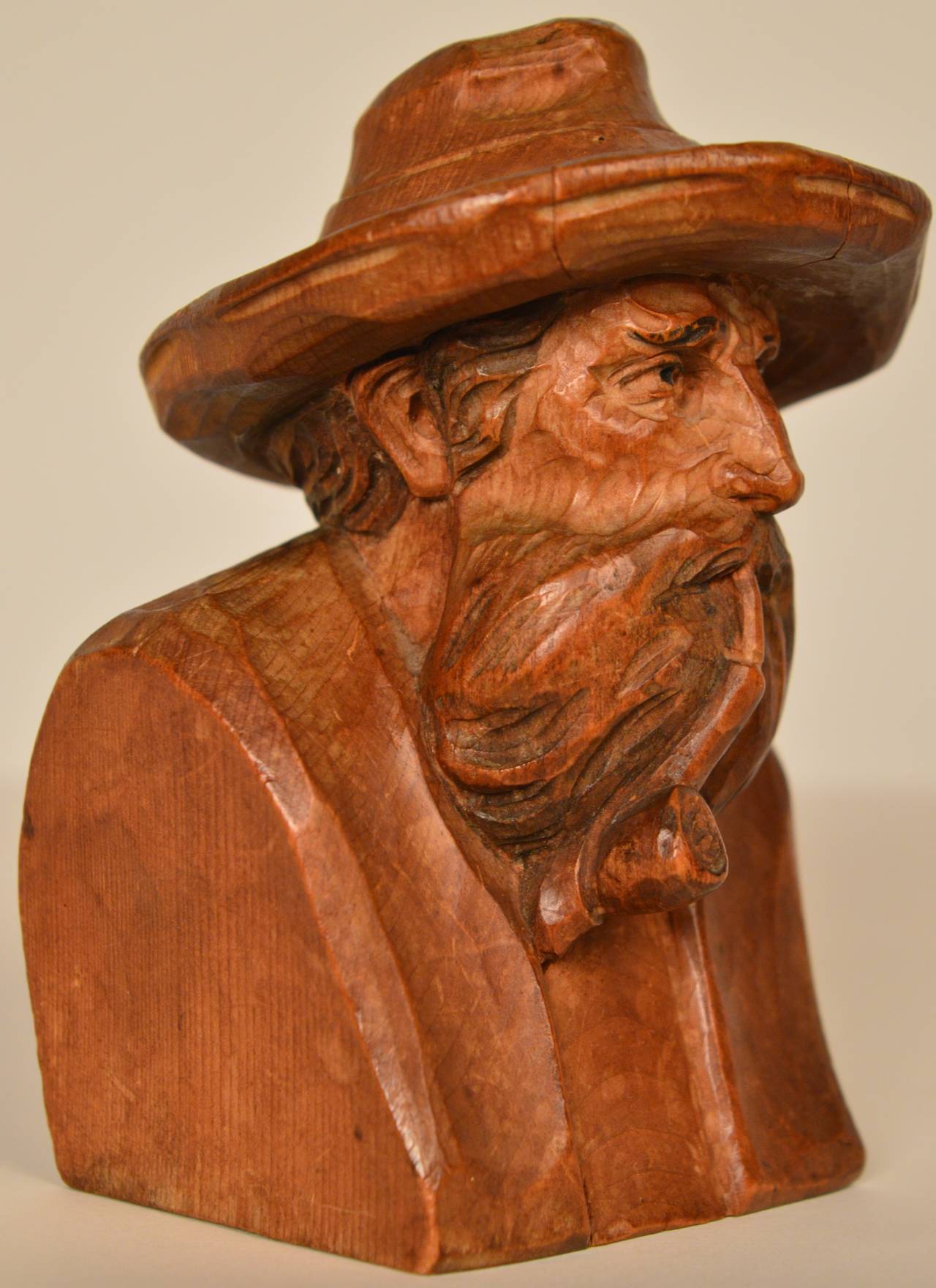 Pine Circa 1930 Continental carved wood bust of a man