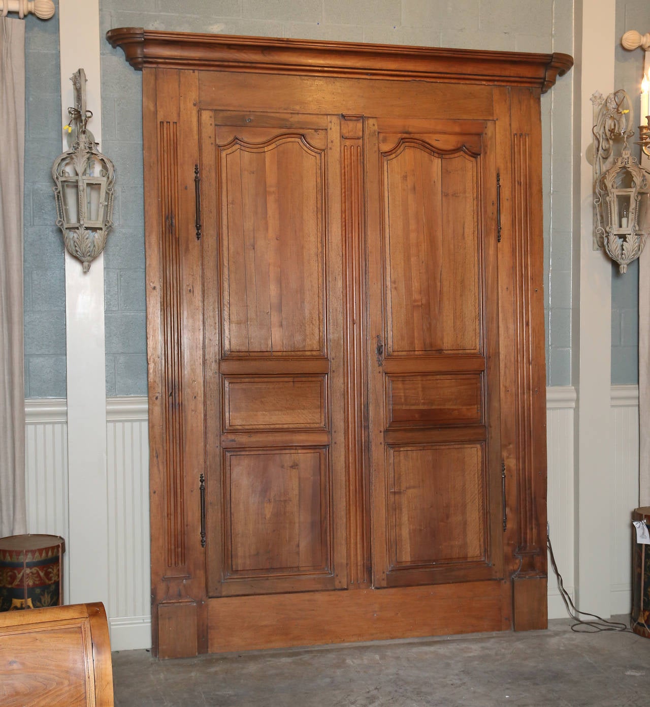 Antique Walnut French Armoire Doors with Original Frame, Crown and Hardware For Sale 1
