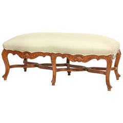 Louis XV Style Walnut Carved Bench with Shaped Stretchers