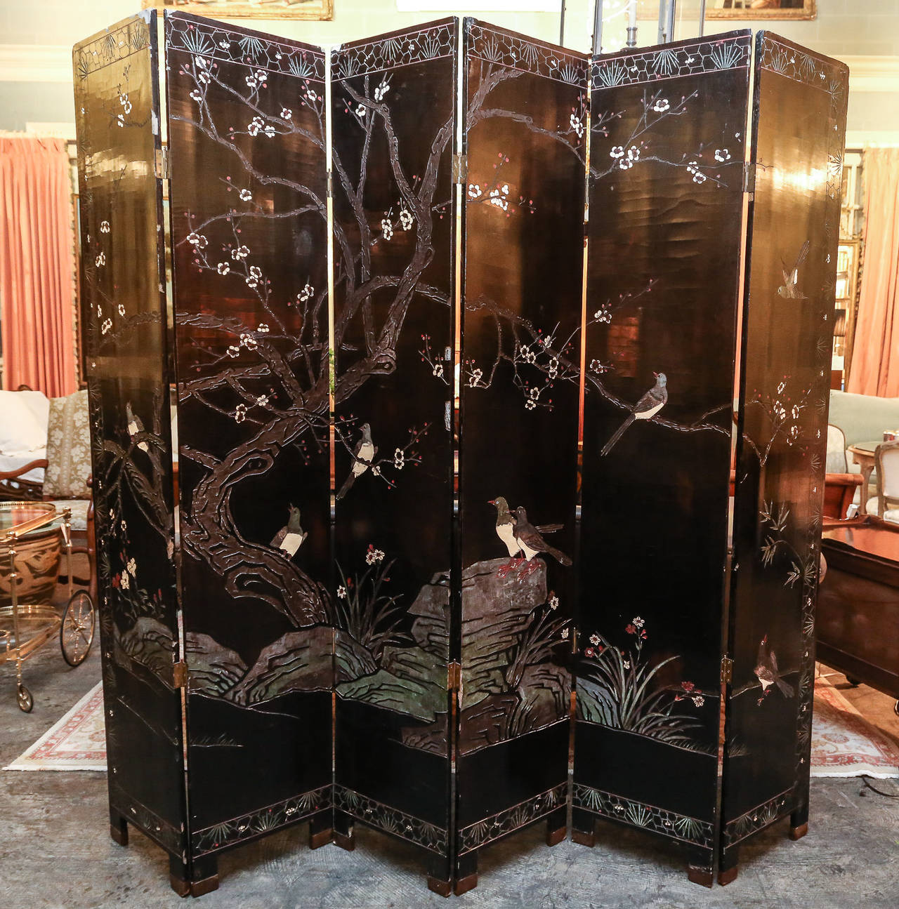 Double-Sided, Painted Black Lacquer Coromandel Screen In Good Condition In Houston, TX