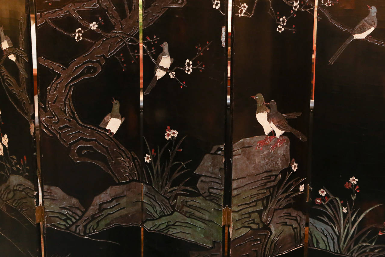 19th Century Double-Sided, Painted Black Lacquer Coromandel Screen