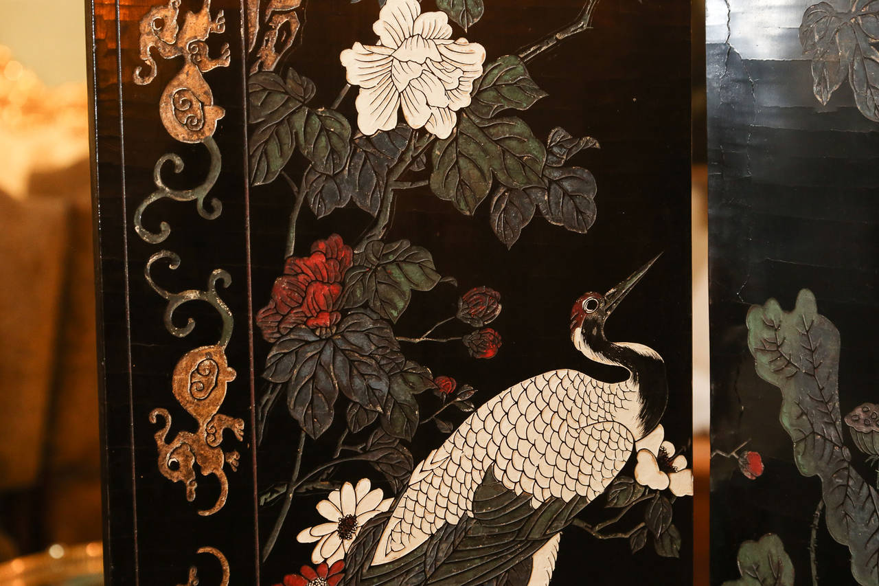 Chinoiserie Double-Sided, Painted Black Lacquer Coromandel Screen