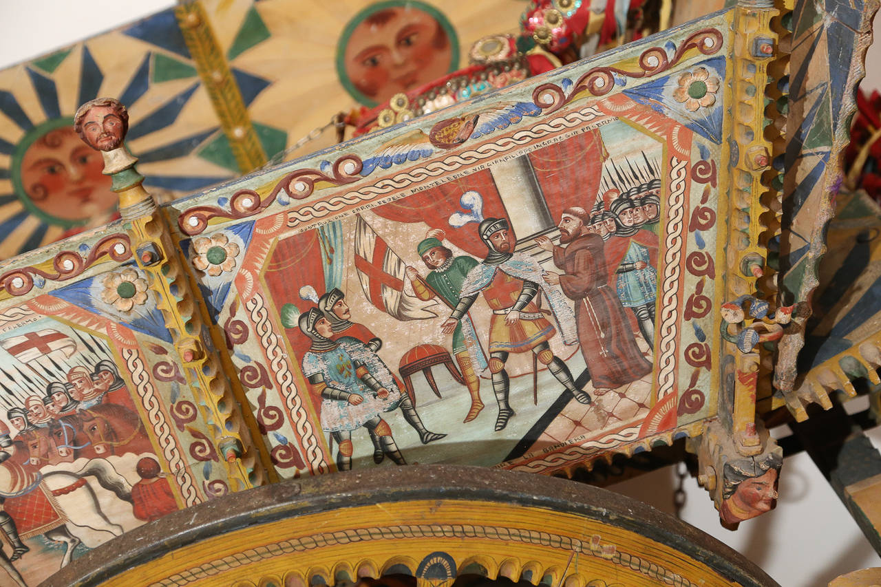 Made by Picciurro Giuseppe Pittore in Palermo, Sicily

Highly decorated Sicilian Cart carved and  purchased by Stanley Marcus in  for the Dallas Neiman Marcus Store.

Carved  heads and scenes from the wheel spokes to top of wagon.

Decorative