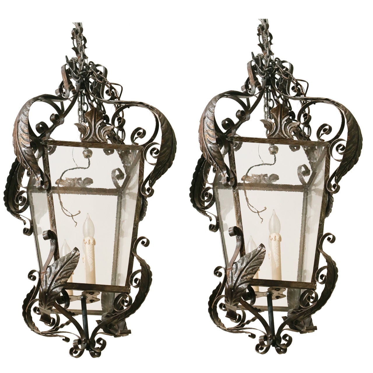 Pair of Metal Tole and Wrought Iron Lanterns