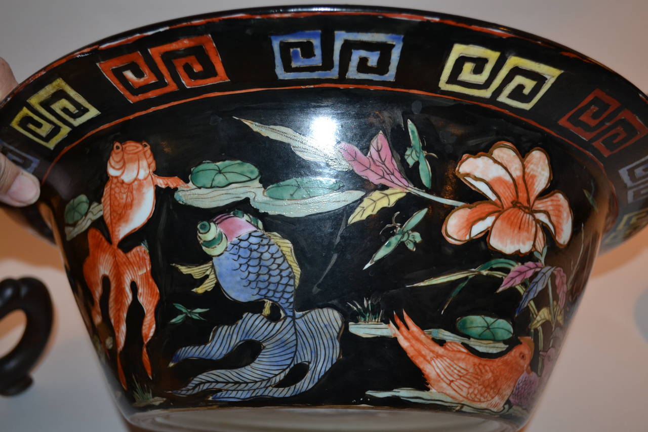 Chinese Export Black Painted Koi Bowl