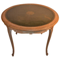 Round Leather Top Oak French Game Table