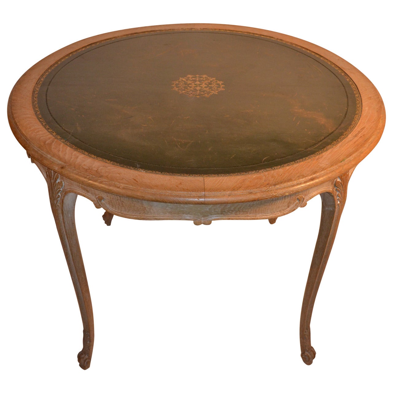 Round Leather Top Oak French Game Table