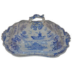 Soft Blue Painted "Napier" Transferware Covered Serving Dish