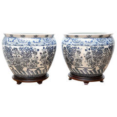 Large Pair of Blue and White Cachepots