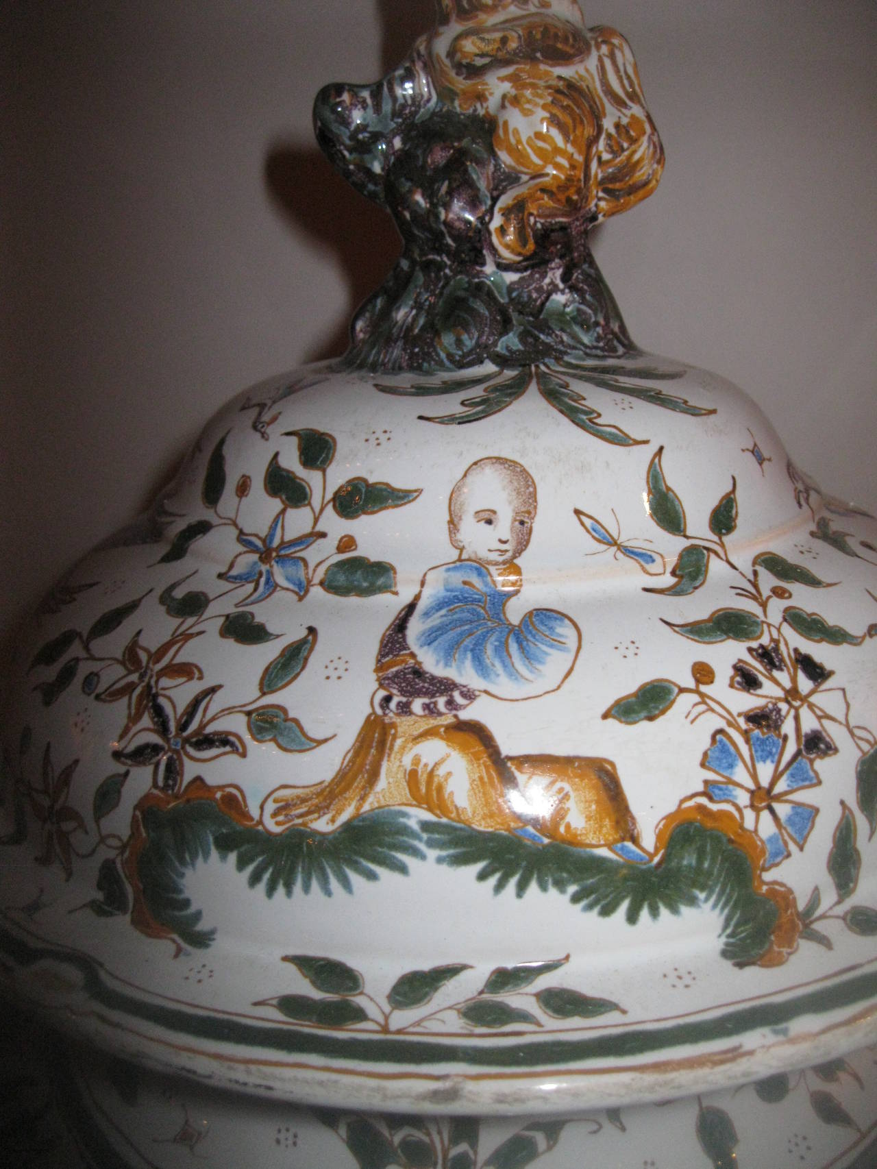 Beaux Arts Pair of Moustier French Faience Lidded Urns For Sale