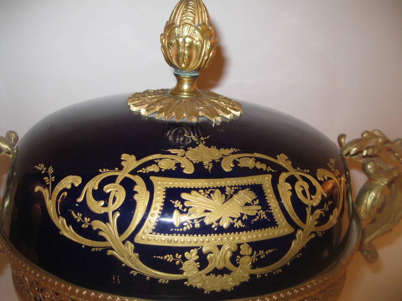 Gilt Sevres Cobalt Blue Amphora For Sale