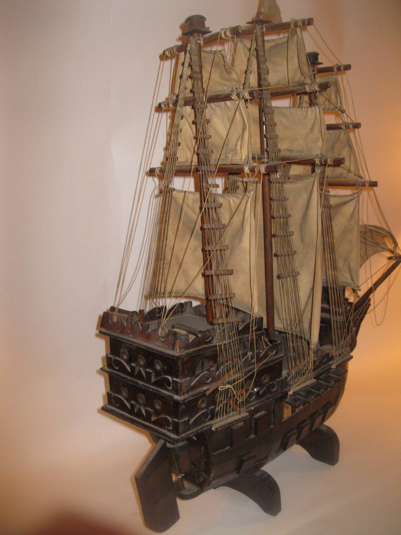 Hand-Carved Wooden Galleon Model In Good Condition In Houston, TX