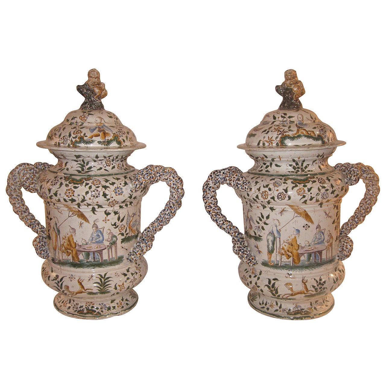 Pair of Moustier French Faience Lidded Urns For Sale
