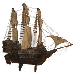 Antique Hand-Carved Wooden Galleon Model