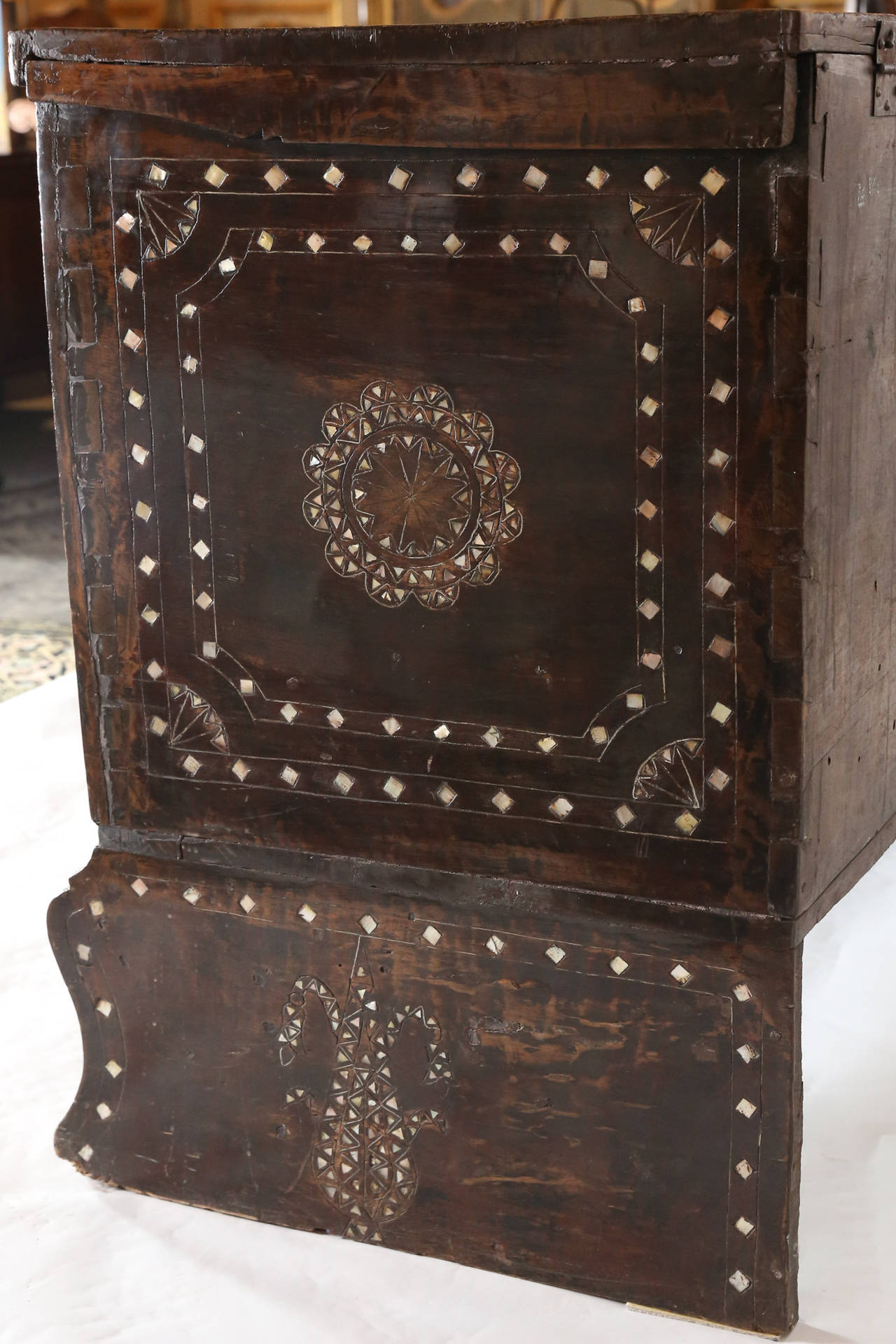 Moorish design Walnut Wedding Chest with Mother of Pearl Inlay and bone trim.