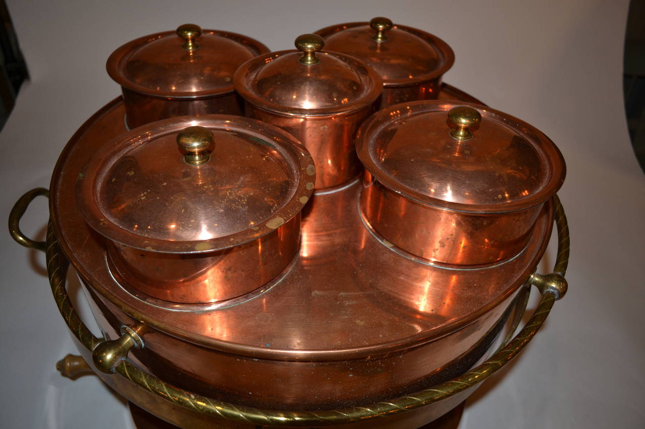 Copper Warming Tray with Individual Containers, and Brass Detail For